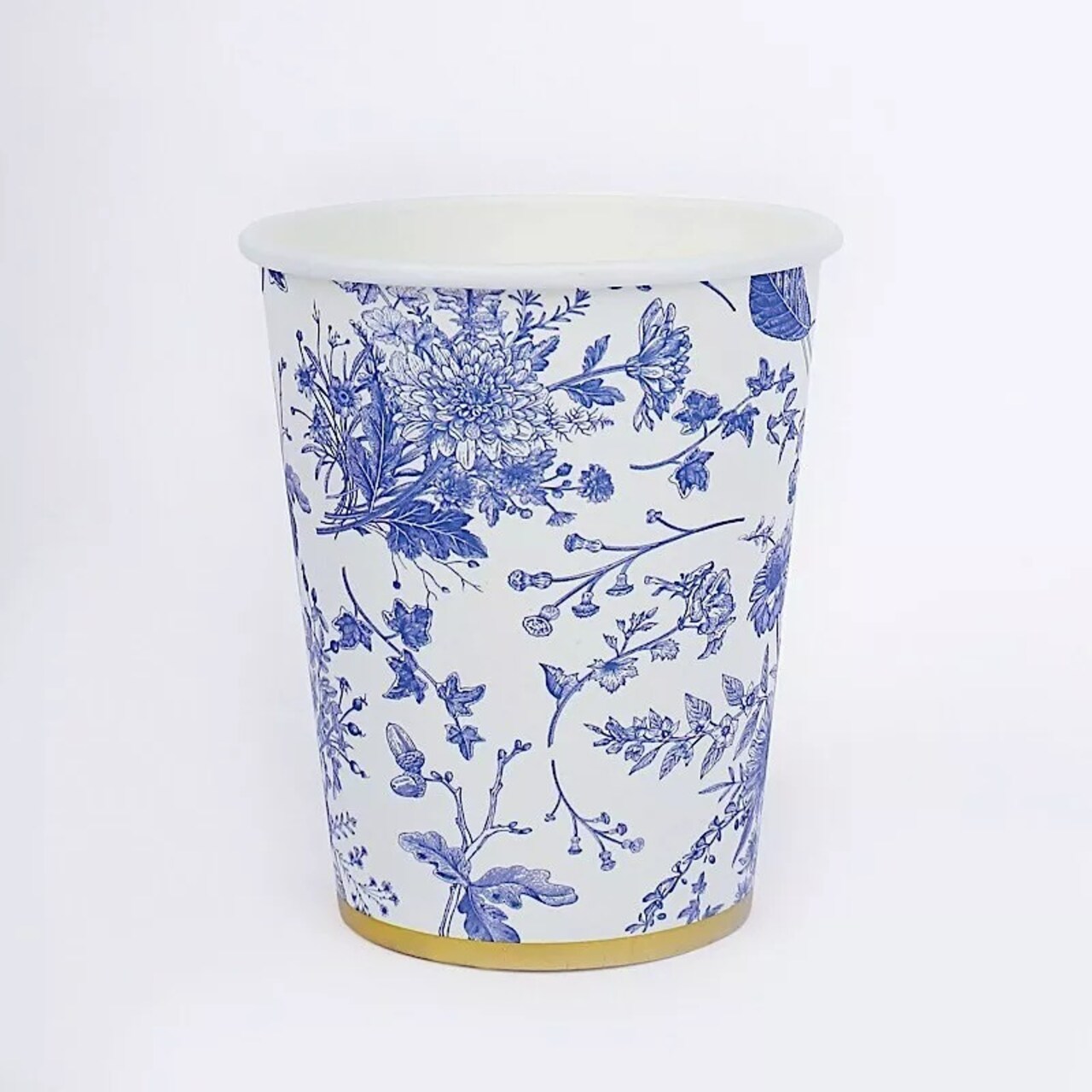 24 White 9 oz Blue Floral Design Disposable Paper Drinking CUPS Gold Rim Party